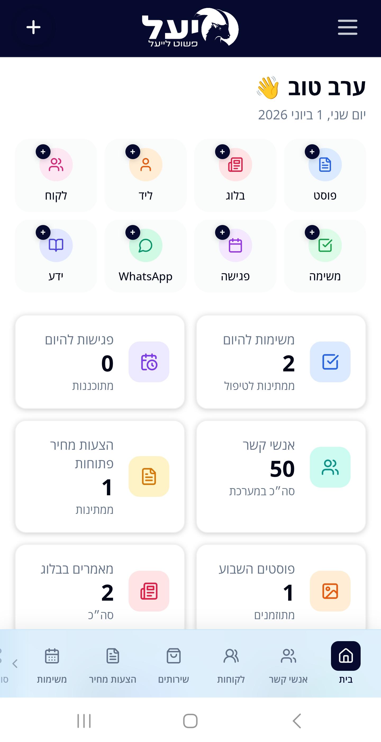 מסך ראשי של המערכת עם כרטיסי סטטיסטיקה וכפתורי פעולה מהירה